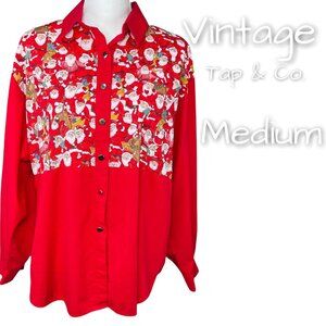 Vintage Womens Red Santa Winter Christmas Holiday Button Down Shirt Medium M